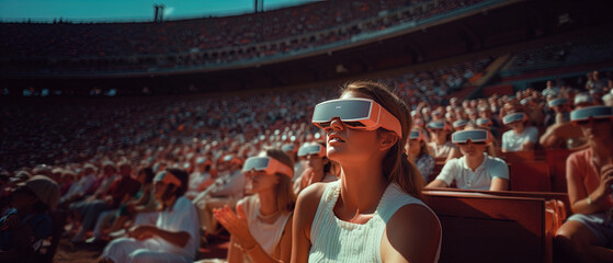 Enthusiastic Tennis Fan Using VR Headset, Fully Immersed in Live Match Experience On Clay Court. Futuristic Digital Data Visualization Around. - obrazy, fototapety, plakaty