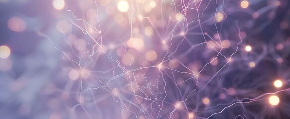 motion graphic of interconnected web of particles, focal blur, light background, purple and blue glowing. generative AI