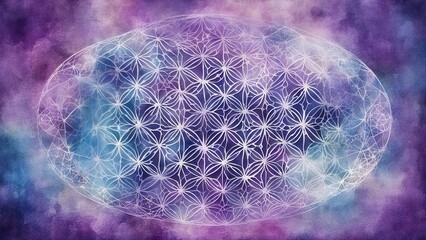 background with globe _A blue and purple watercolor sacred geometry illustration of the flower of life on a textured background  - obrazy, fototapety, plakaty