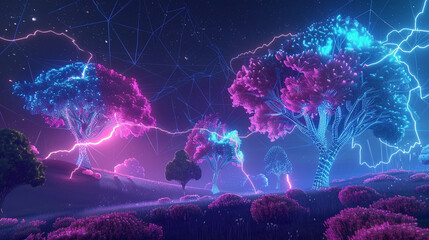 Cybernetic Zen Design a calming background featuring a serene landscape infused with wireframe trees softly glowing in neon colors occasionally lit by distant bolts of lightning