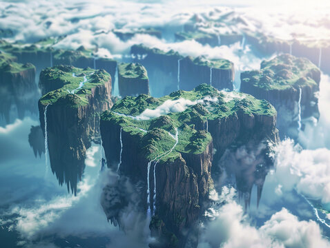 Create an otherworldly terrain with an inverted perspective complete with floating mountains and cascading waterfalls