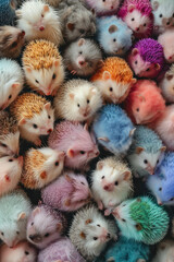 Experience the beauty of nature with a vast landscape filled with fluffy hedgehogs in pastel colors. AI generative.
