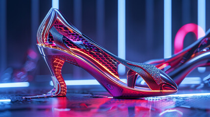 Design a unique 3D render of high tech high heels with striking details and a futuristic aesthetic