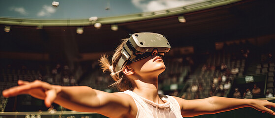 Female Tennis Player in Virtual Reality Gear, a Clay Court  - obrazy, fototapety, plakaty