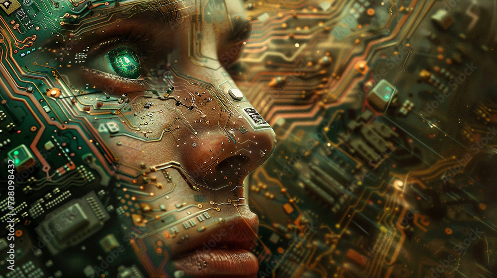 Poster design an illustration where a circuit board seamlessly integrates with a human face portraying the 