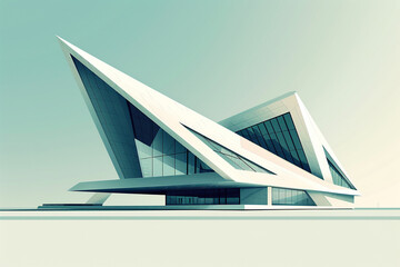 Design an illustration that conveys the futuristic appeal of a minimalistic V shaped building emphasizing its architectural features through stylized art techniques