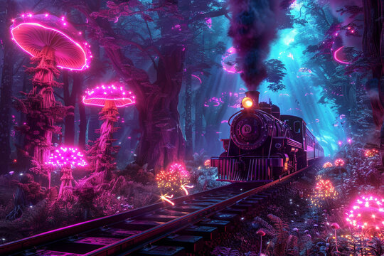 Design an immersive 3D render of a vintage train traveling amidst an ethereal forest its path illuminated by glowing neon mushrooms and fireflies