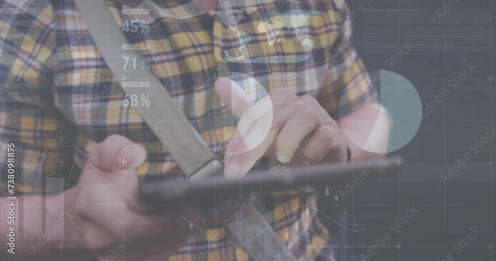 Poster animation of financial data processing over caucasian man with tablet on the go