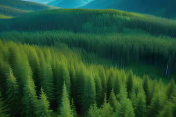 A Painting of a Green Forest With Mountains in the Background