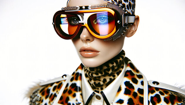 Futuristic model wearing oversized sunglasses isolated on white background