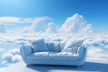 Fototapeta na wymiar Cozy pastel blue sofa in the sunny living room with sky view