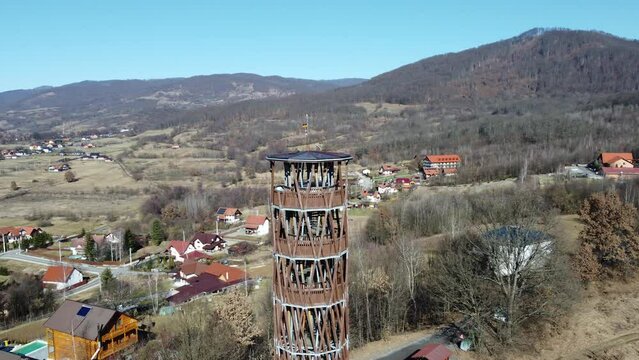 Aerial footage of the tourist observation tower in Sovata resort - Romania