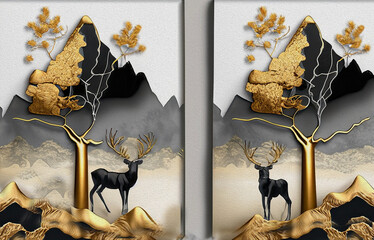 modern painting of 3 swamp deer in forest.the texture of the oriental style of gray and gold canvas with an abstract pattern. artist collection of animal painting for decoration and interior, canvas a