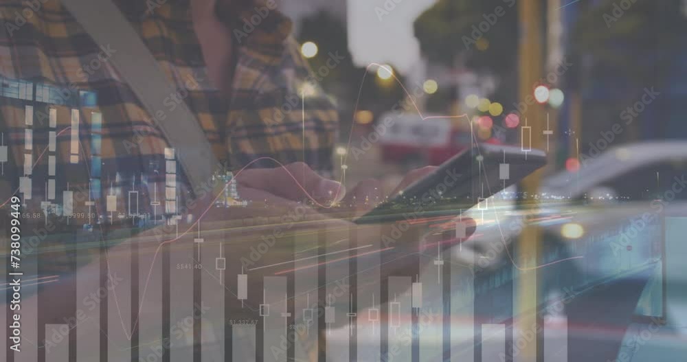 Poster animation of financial data processing over caucasian man with smartphone on the go