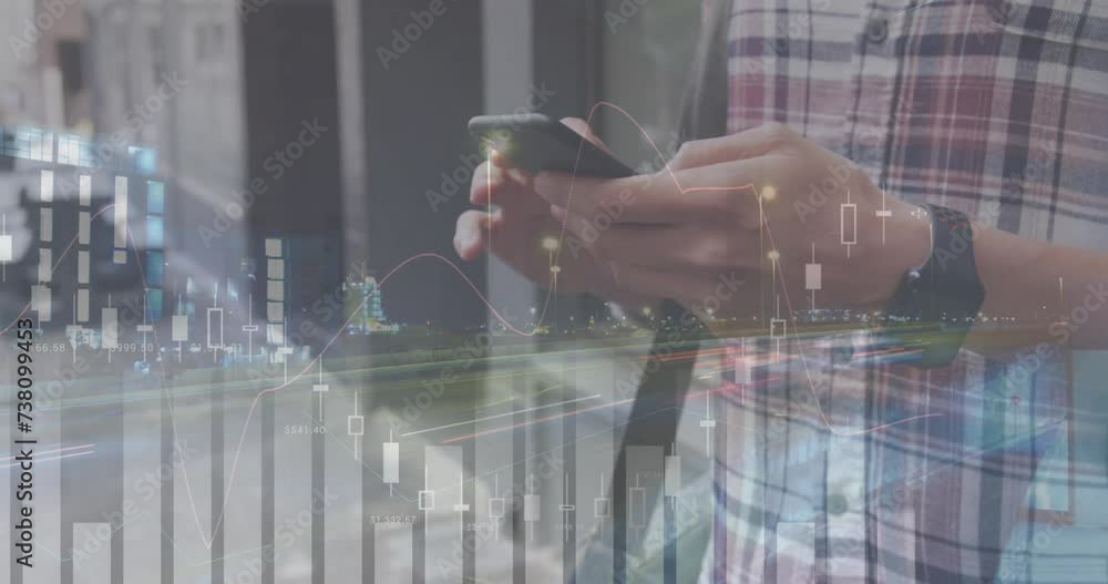 Aufkleber animation of financial data processing over caucasian man with smartphone on the go