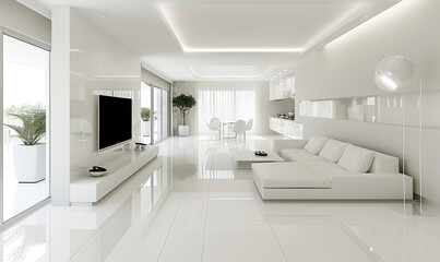 Fototapeta na wymiar Trendy white living room with white modern decoration, simple home decor