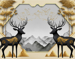 modern painting of 3 swamp deer in forest.the texture of the oriental style of gray and gold canvas with an abstract pattern. artist collection of animal painting for decoration and interior, canvas a