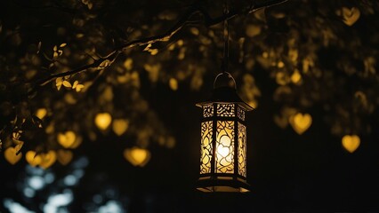 lantern in the night A lantern with a heart in it hanging from a tree branch on a dark night. The lantern is yellow  