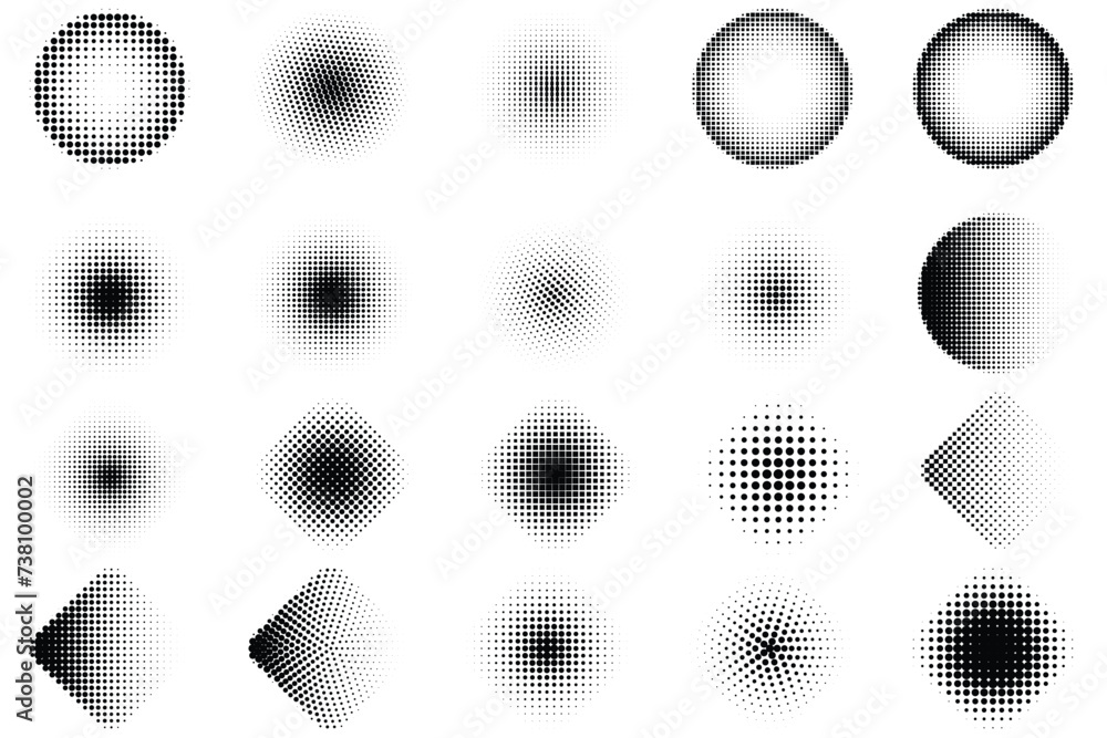Poster set of halftone dots curved gradient pattern texture isolated on white background. curve dotted spot