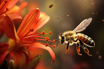 Closeup of a busy bee hovering over a beautiful flower, pollinating and collecting nectar