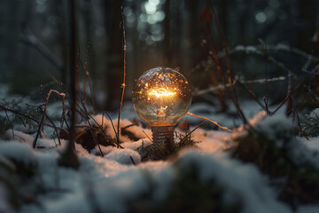 Obraz premium light bulb in snowy winter forest scenery. ecology and green energy concept. generative ai.