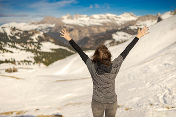 Woman Enjoying Winter Mountains View, Dolomites, Italy
