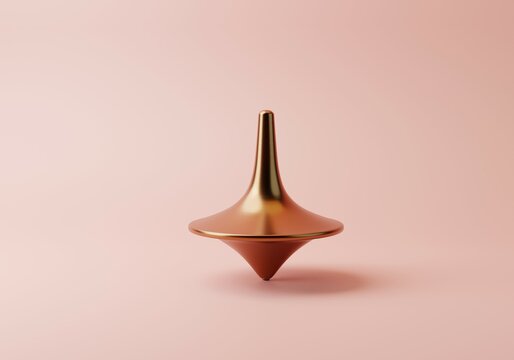 Minimal Concept of Time and Balance. Isolated Spinning Top Whirlgig on Pastel Pink Background. Minimal Elegant 3D rendering illustration with copy space. 