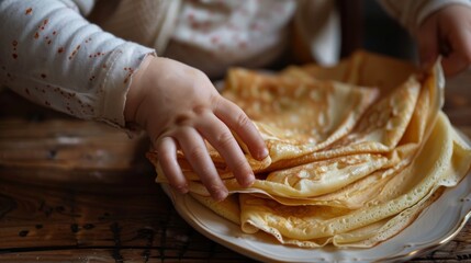 Child's hand reaching for a stack of homemade pancakes on a wooden table. Golden crepes with sugar sprinkled by a child for a sweet breakfast. - obrazy, fototapety, plakaty