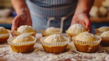 Hands in preparation of dough: A culinary baking process in the kitchen. Pre-baked dessert scene showing the hands-on experience of making sweet pastry treats
