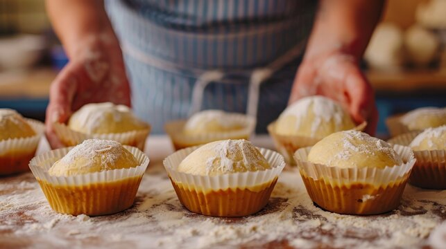 Hands in preparation of dough: A culinary baking process in the kitchen. Pre-baked dessert scene showing the hands-on experience of making sweet pastry treats