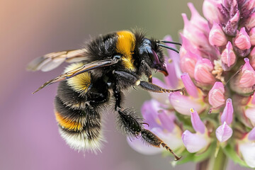 Closeup of a busy bee hovering over a beautiful flower, pollinating and collecting nectar