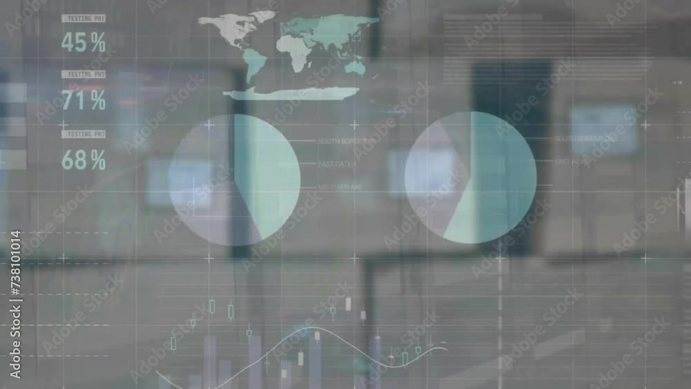 Poster animation of financial data processing over cardboard boxes in warehouse