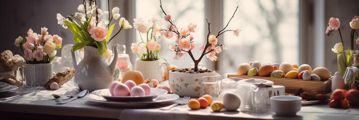 Easter appetizer food table background. Easter dinner, eggs, flowers backdrop. Happy Easter...