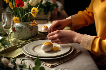 Obraz na płótnie Canvas Easter appetizer food table background. Easter dinner, eggs, flowers backdrop. Happy Easter celebrating