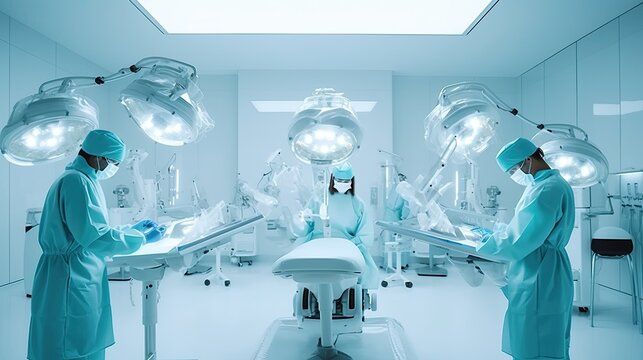 Surgeon using instruments for dental treatment in space-like white room.