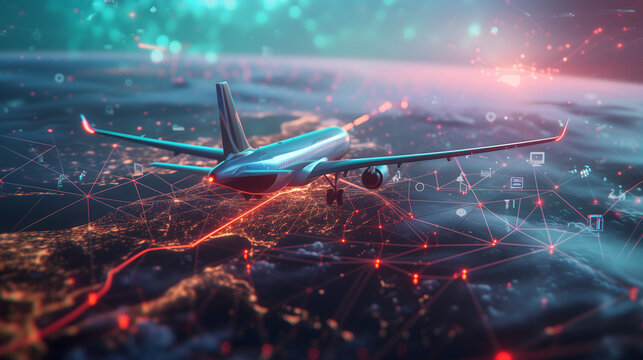Hologram of the futuristic international logistic system. A neon-lit, high-tech plane with glowing is flying above glowing global in the nighttime with vivid route lines. Back side.