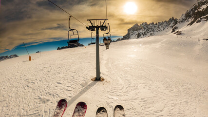 Friends on Chairlift, Selarona, Dolomites, Italy
