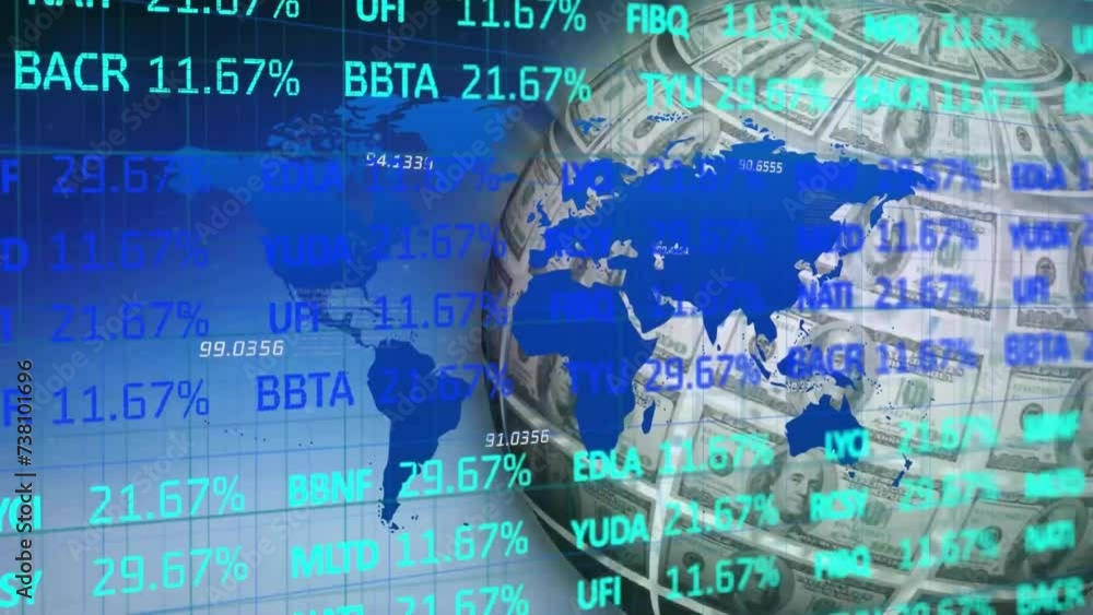 Poster animation of financial data processing over globe formed with dollar bills