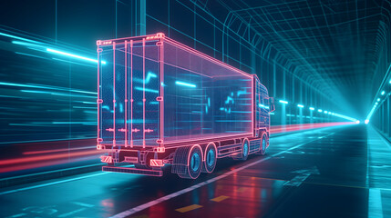 Hologram of futuristic logistic system. A neon-lit, high-tech truck with glowing streaks accents speed is fast driving through a highway tunnel. Vivid red and blue color scheme.