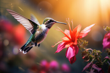 Closeup of a busy hummingbird hovering over a beautiful flower, pollinating and collecting nectar