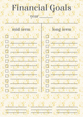 Financial goals stationery design in pastel colors. Worksheet design template with witchcraft elements background.