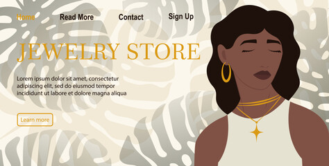 Minimalistic banner for online jewelry store. Elegant girl with earring and floral background.