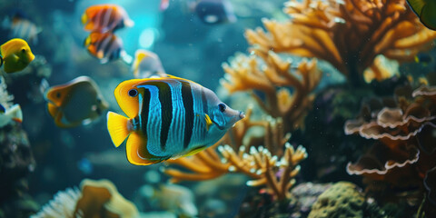 Naklejka na ściany i meble Colorful tropical fishes swimming in coral reef