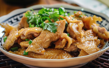 A plate of boiled chicken,created with Generative AI tecnology.