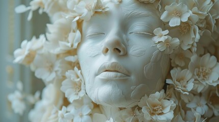 Close-Up of Sculpted Female Face Amidst Blossoming Flowers