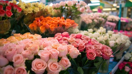 Assortment of fresh roses at a flower market. Perfect for concepts of floristry, romance