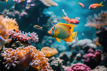 Colorful tropical fishes swimming in coral reef