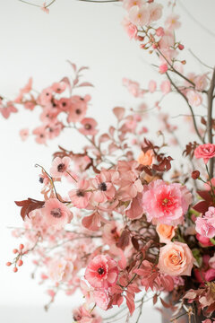 pink flower bouquets, leaf branches