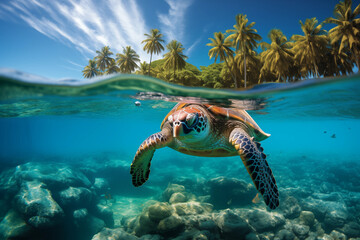 Vibrant sea turtle gracefully swims in crystal-clear waters amidst rocks and corals. Above, lush palm trees adorn a tranquil island under the radiant sun.
