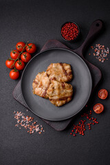 Round minced chicken or pork cutlet wrapped in bacon with salt, spices and herbs